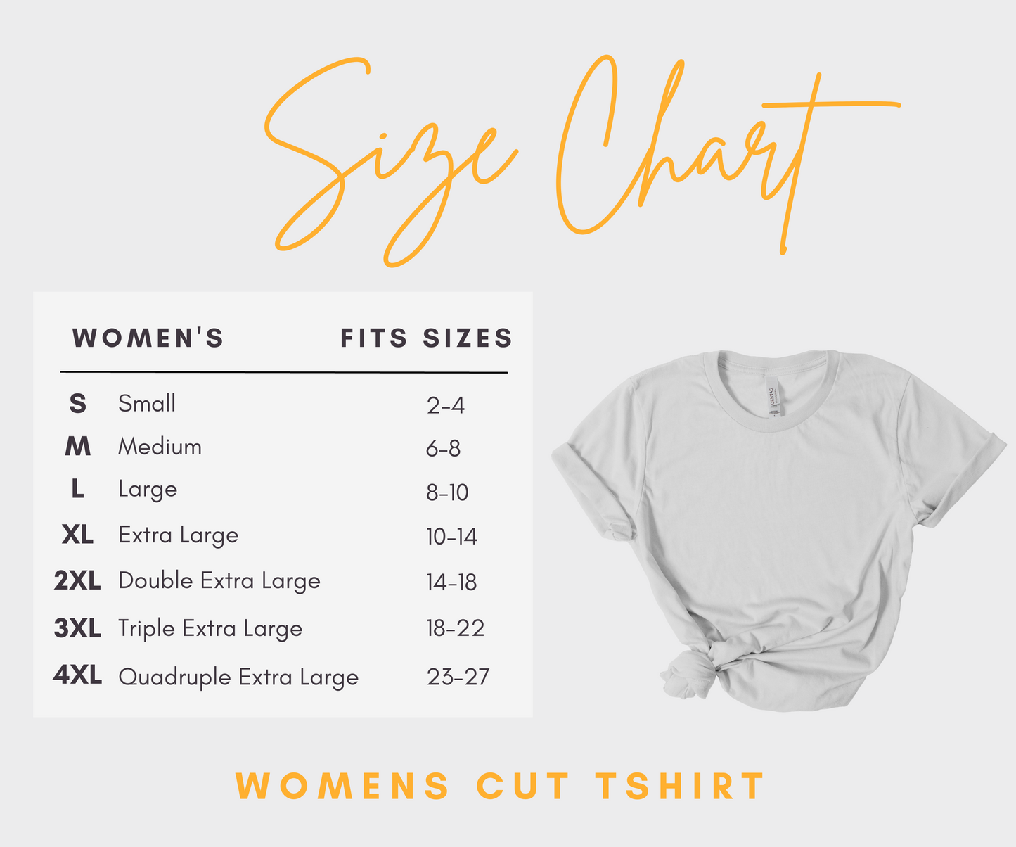 BELLA CANVA WOMEN'S CUT SIZE CHART